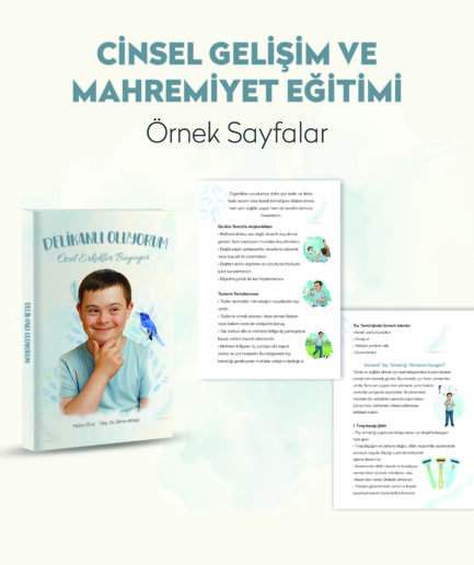 “Cinsel gelişim ve mahremiyet eğitimi konulu bir tanıtım görseli. Sol tarafta genç bir çocuğun yer aldığı, ‘Delikanlı Oluyorum – Özel Erkekler Büyüyor’ adlı kitap kapağı bulunuyor. Sağ tarafta ise kitabın içindeki örnek sayfalar yer alıyor.