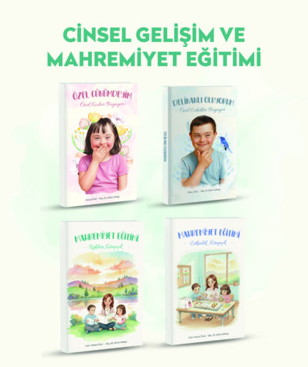 Cinsel gelişim ve mahremiyet eğitimi için hazırlanmış dört kitabın kapak görseli: ‘Özel Günümdəyim’, ‘Delikanlı Oluyorum’, ‘Mahremiyet Eğitimi Rehber Kitap’ ve ‘Mahremiyet Eğitimi Etkinlik Kitabı’. Çocukların gelişim dönemlerine uygun, rehberlik ve uygulama içerikli kaynaklar yer alıyor.”
