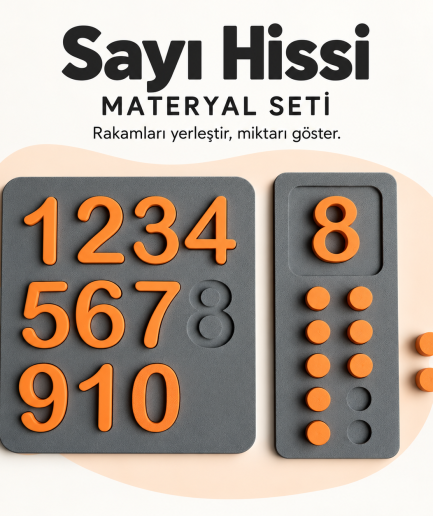 Sayı Hissi Materyal Seti: “Rakamları yerleştir, miktarı göster.” mesajı, sayı tablası ve 8 sayısını sekiz pulla gösteren eşleştirme tablası.